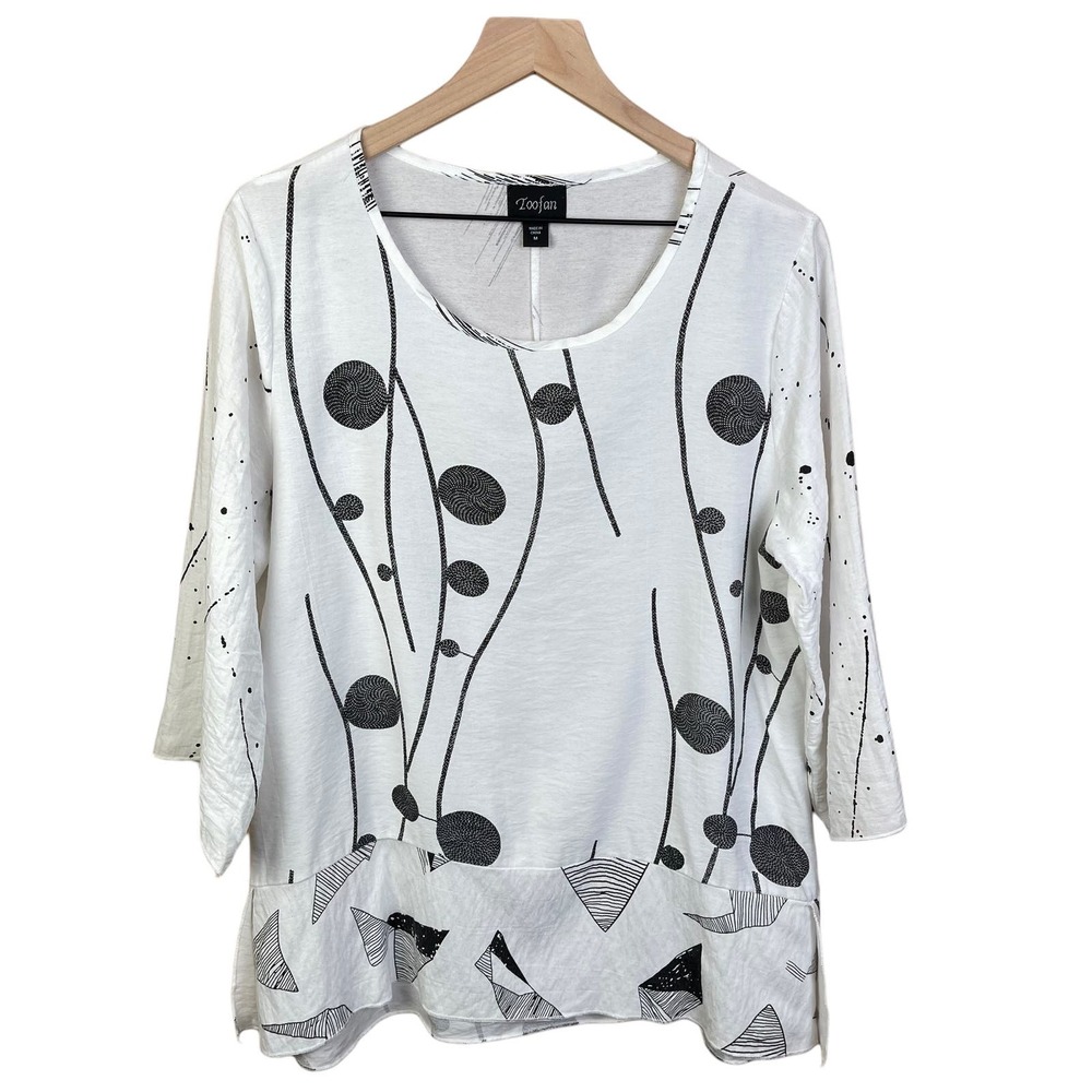 Toofan Abstract Print Top Medium Back White Artsy Lightweight Blouse‎